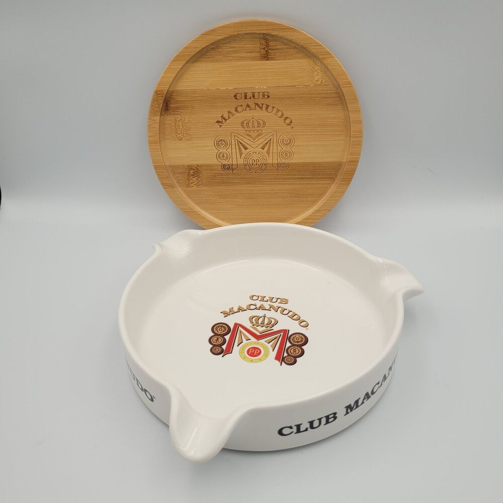 Club Macanudo Cigar Ashtray 8" White Ceramic 3 Rest Tobacciana Collectible